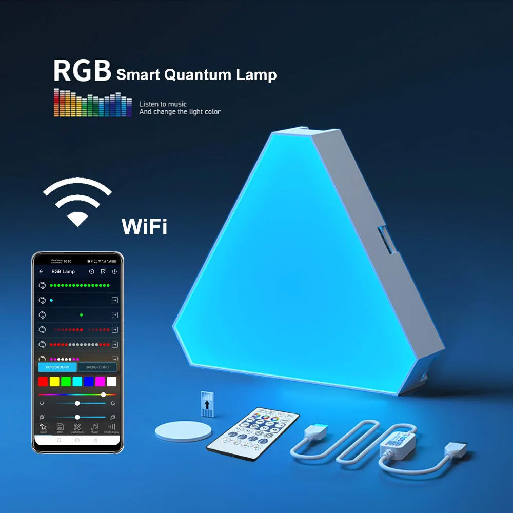 Luz LED RGB Quantum - Para Parede, Triangular, Sincronização com Música, Controlo por App e Voz Luz LED RGB Quantum - Para Parede, Triangular, Sincronização com Música, Controlo por App e Voz